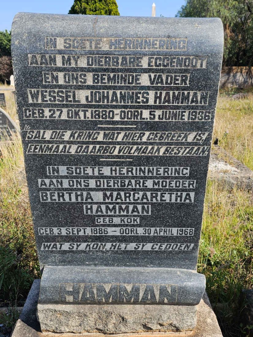 HAMMAN Wessel Johannes 1880-1936 &amp; Bertha Margaretha KOK 1886-1968 