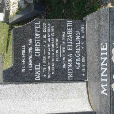 MINNIE Daniel Christoffel 1939-2003 &amp; Fredrika Elizabeth GREYLING 1917-1994