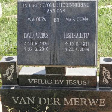 MERWE David Jacobus, van der 1930-2010 &amp; Hester Alletta 1931-2009