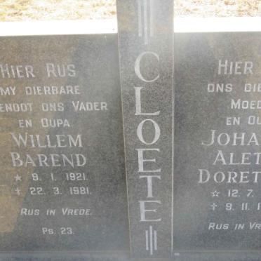 CLOETE Willem Barend 1921-1981 &amp; Johanna Aletta Dorethea 1921-1988