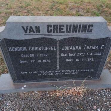 GREUNING Hendrik Christoffel, van 1887-1970 &amp; Johanna Lefina F. VAN ZYL 18?6-1973