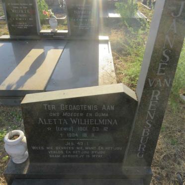 RENSBURG Aletta Wilhelmina, Janse van nee LEWIS 1901-1984