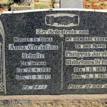SCHUTTE Philippus Jacobus Wilhelmus 1897-1951 &amp; Anna Christina SNYMAN 1903-1977