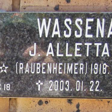 WASSENAAR J. Alletta nee RAUBENHEIMER 1918-2003