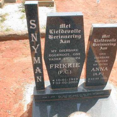 SNYMAN Frikkie F C 1919-2003 &amp; Anna A P 1926-