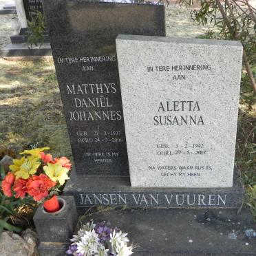 VUUREN Matthys Daniel Johannes, Jansen van 1937-2006 &amp; Aletta Susanna 1942-2017