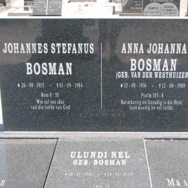 BOSMAN Johannes Stefanus 1915-1984 &amp; Anna Johanna VAN DER WESTHUIZEN 1916-1989 :: NEL Ulundi nee BOSMAN 1942-2009