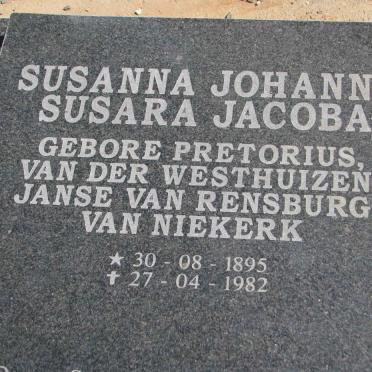NIEKERK Susanna Johanna Susara Jacoba, van formerly VAN DER WESTHUIZEN formery JANSE VAN RENSBURG nee PRETORIUS 1895-1982
