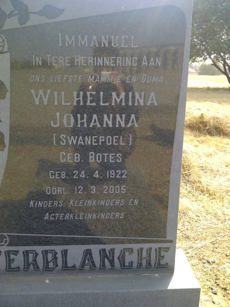 TERBLANCHE Wilhelmina Johanna voorheen SWANEPOEL nee BOTES 1922-2005