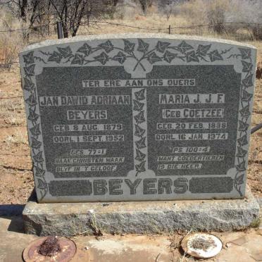 BEYERS Jan Dawid Adriaan 1879-1952 &amp; Maria J.J.F. COETZEE 1888-1974