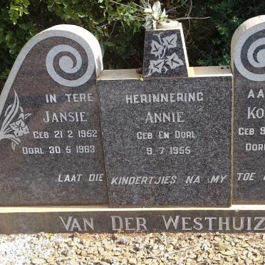 WESTHUIZEN Jansie, van der 1952-1963 :: VAN DER WESTHUIZEN Annie 1955-1955 :: VAN DER WESTHUIZEN Kobus 1957-1969