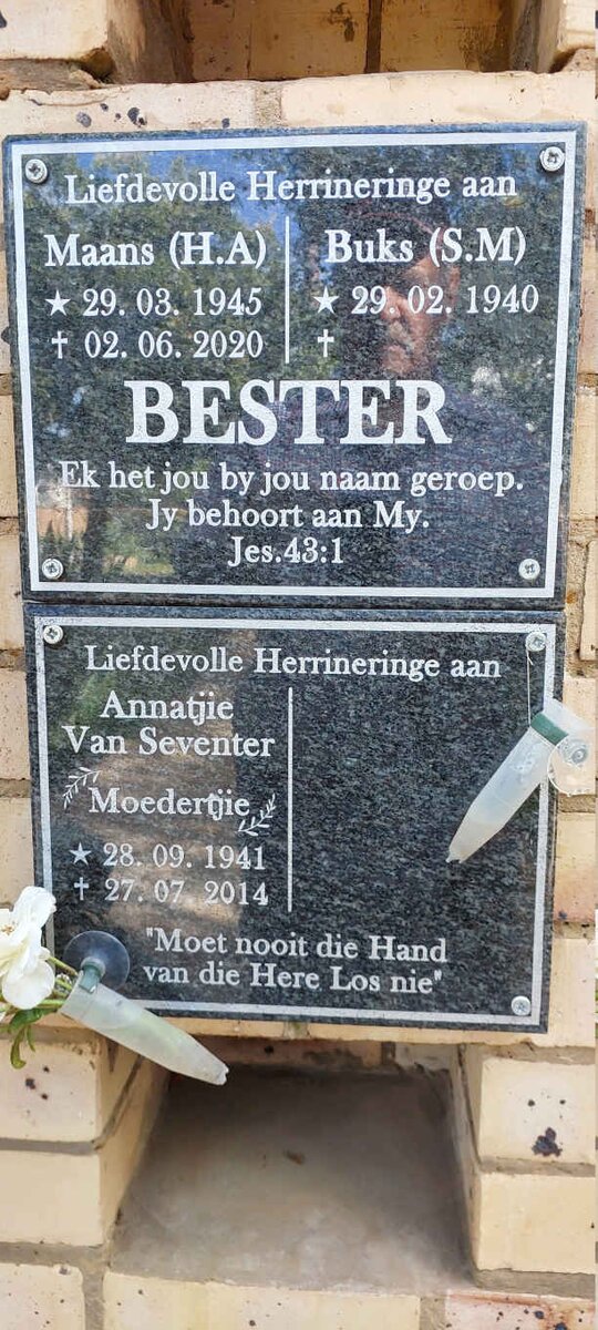 BESTER H.A. 1945-2020 :: BESTER S.M. 1940- :: VAN SEVENSTER Annatjie 1941-2014