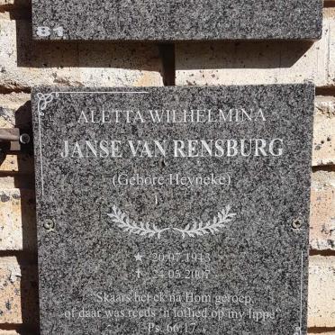 RENSBURG Aletta Wilhelmina, Janse van nee HEYNEKE 1943-2007