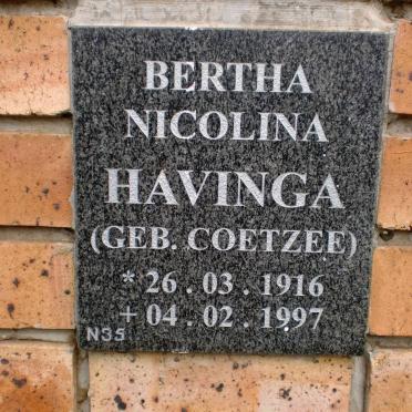 HAVINGA Bertha Nicolina nee COETZEE 1916-1997