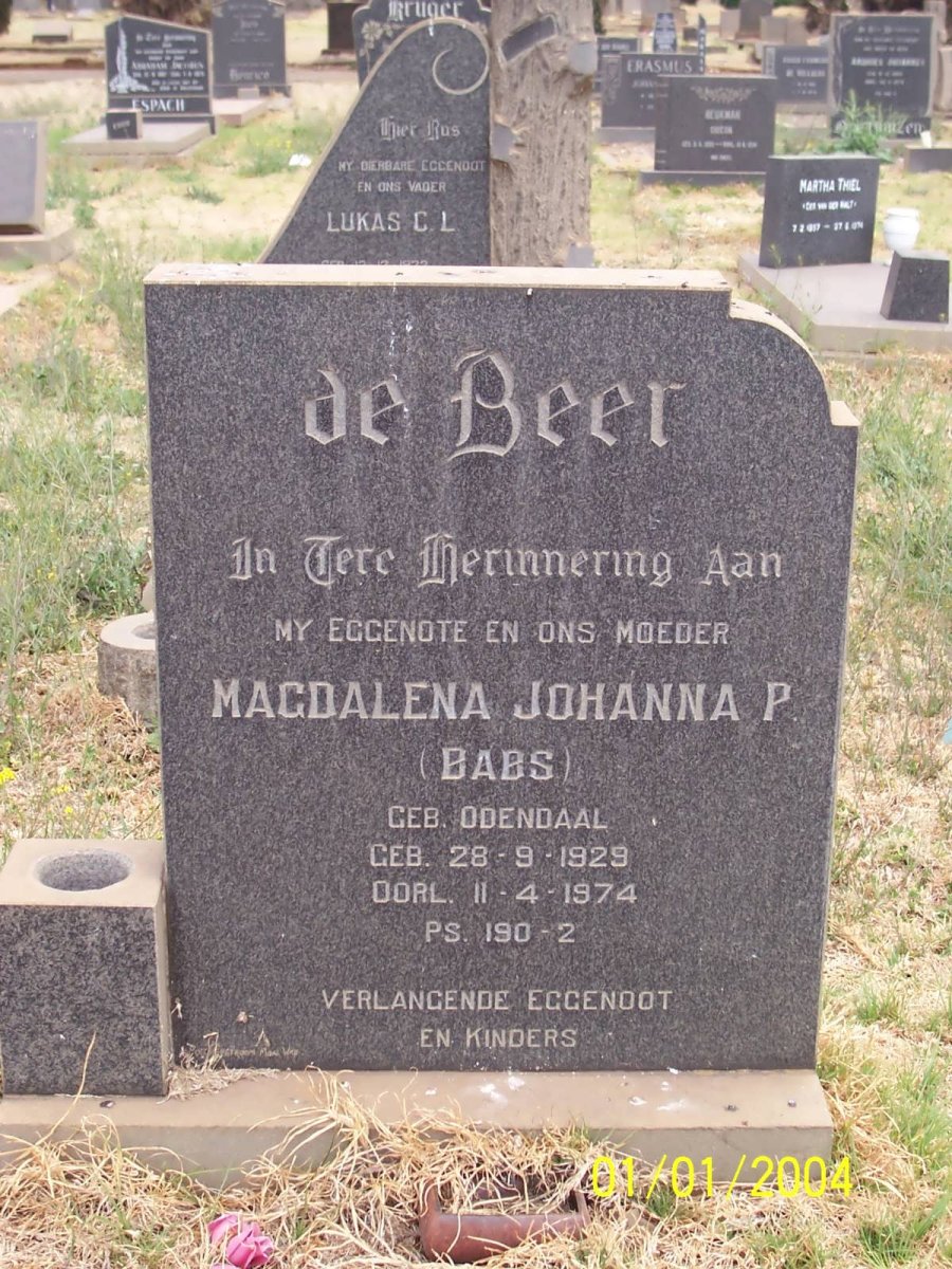 BEER Magdalena Johanna P., de nee ODENDAAL 1929-1974