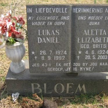 BLOEM Lukas Daniël 1924-1992 &amp; Aletta Elizabeth BRITS 1924-2003