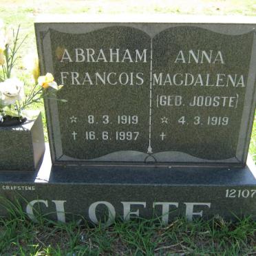 CLOETE Abraham Francois 1919-1997 &amp; Anna Magdalena JOOSTE 1919-