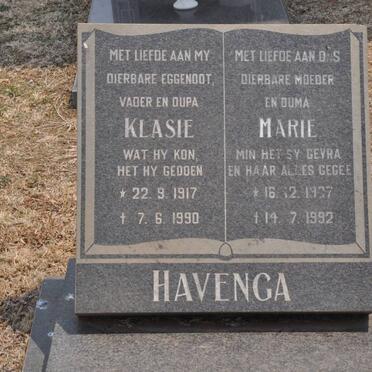 HAVENGA Klasie 1917-1990 &amp; Marie 1937-1992