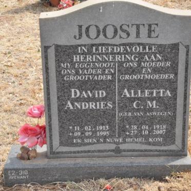 JOOSTE David Andries 1913-1995 &amp; Aletta C.M. VAN ASWEGEN 1918-2007