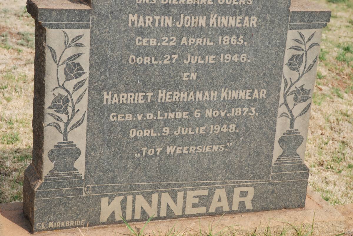 KINNEAR Martin John 1865-1946 &amp; Harriet Herhanah nee V.D. LINDE 1873-1948