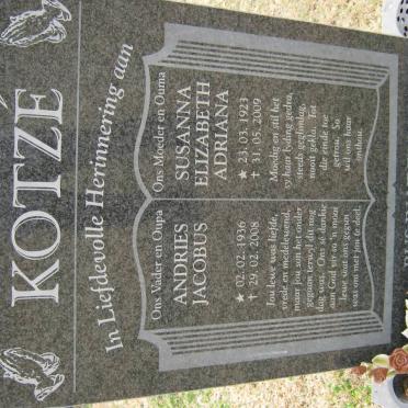 KOTZÉ Andries Jacobus 1936-2008 &amp; Susanna Elizabeth Adriana 1923-2009