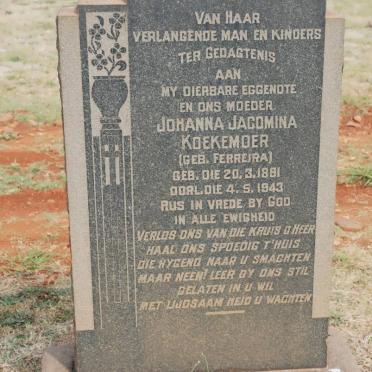 KOEKEMOER Johanna Jacomina nee FERREIRA 1891-1943