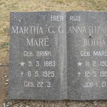 MARÉ Martha C.C. nee BRINK 1883-1925 :: BOTHA Anna Elizabeth nee MARE 1906-1959