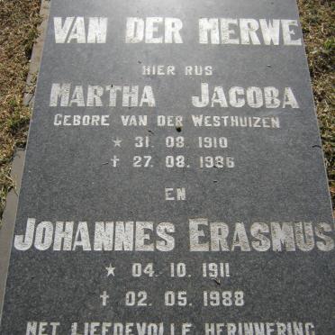 MERWE Johannes Erasmus, van der 1911-1988 &amp; Martha Jacoba VAN DER WESTHUIZEN 1910-1986