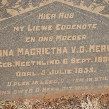 MERWE Anna Magrietha, v.d. nee NEETHLING 1890-1935