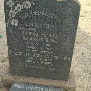MILNE Barend Petrus Johannes 1968-1917 &amp; Elizabeth Jacoba Lodevica 1876-1963 :: VENTER Maria Elizabeth nee MILNE 1895-1978