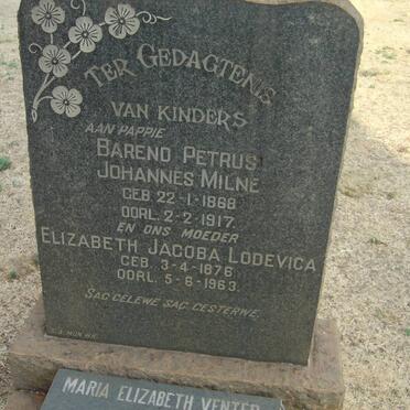 MILNE Barend Petrus Johannes 1968-1917 &amp; Elizabeth Jacoba Lodevica 1876-1963 :: VENTER Maria Elizabeth nee MILNE 1895-1978