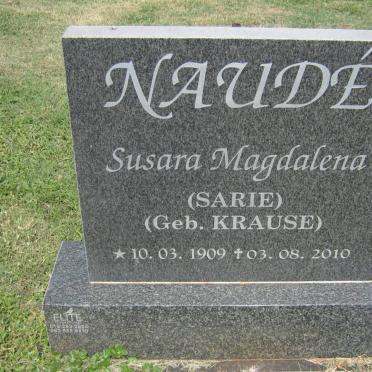 NAUDÉ Susara Magdalena nee KRAUSE 1909-2010