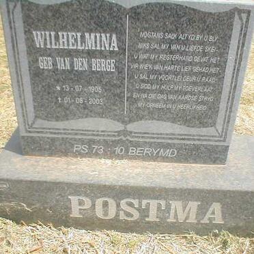 POSTMA Wilhelmina nee VAN DEN BERGE 1905-2003