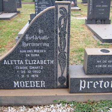 PRETORIUS Aletta Elizabeth nee SWARTZ 1902-1978