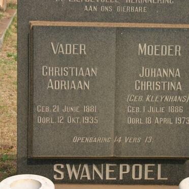 SWANEPOEL Christiaan Adriaan 1881-1935 &amp; Johanna Christina KLEYNHANS 1886-1973