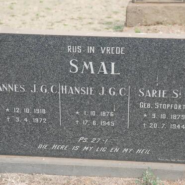 SMAL Hansie J.G.C. 1876-1945 &amp; Sarie S.C. STOPWORTH 1879-1944 :: SMAL Hannes J.G.C. 1918-1972
