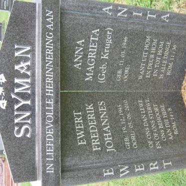 SNYMAN Ewert Frederik Johannes 1945-2010 &amp; Anna Magrieta KRUGER 1946-