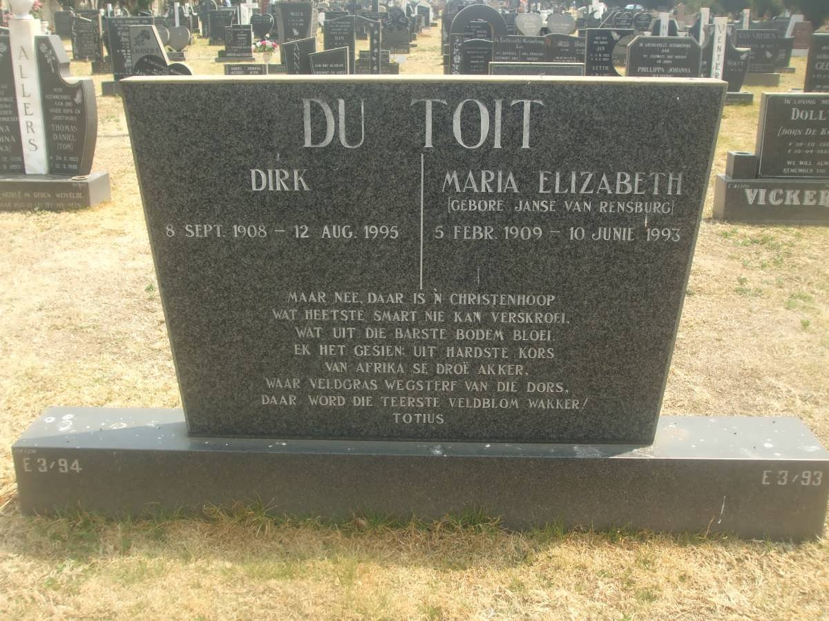 TOIT Dirk, du 1908-1995 &amp; Maria Elizabeth JANSE VAN RENSBURG 1909-1993