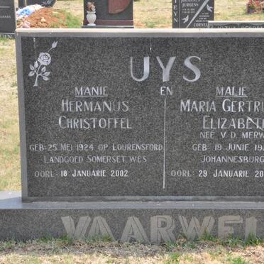 UYS Hermanus Christoffel 1924-2002 &amp; Maria Gertruida Elizabeth VAN DER MERWE 1924-2001