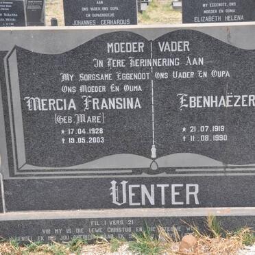 VENTER Ebenhaëser 1919-1990 &amp; Mercia Fransina MARÉ 1928-2003