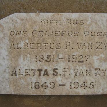 ZYL Albertus P., van 1851-1927 &amp; Aletta S.F. 1849-1945