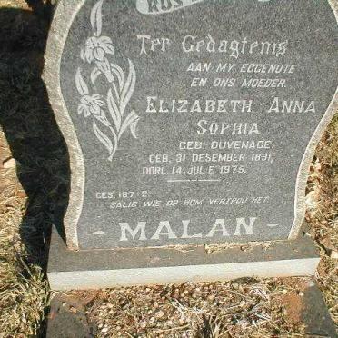 MALAN Elizabeth Anna Sophia nee DUVENAGE 1891-1975