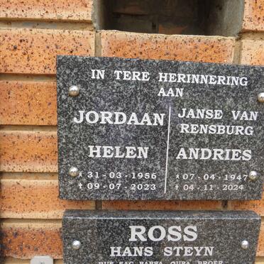 RENSBURG Andries, Janse van 1947-2024 :: JORDAAN Helen 1956-2023