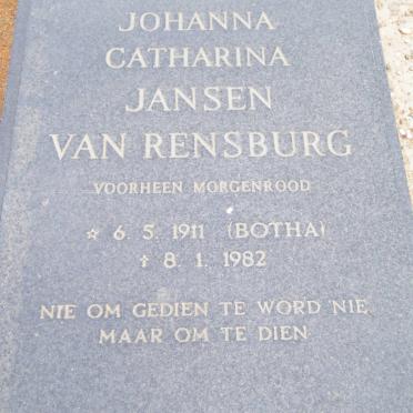 RENSBURG Johanna Catharina, Jansen van voorheen MORGENROOD nee BOTHA 1911-1982