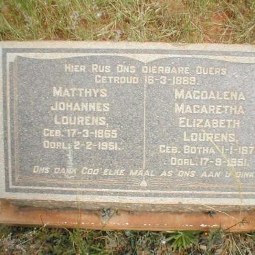 LOURENS Matthys Johannes 1865-1951 &amp; Magdalena Magaretha Elizabeth BOTHA 1871-1951