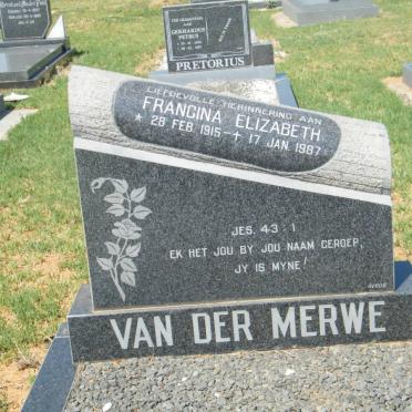 MERWE Francina Elizabeth, van der  1915-1987