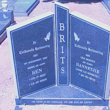 BRITS Ben 1937-2000 &amp; Hannetjie JANSE VAN RENSBURG 1938-