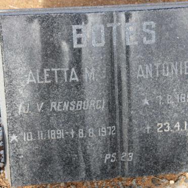 BOTES Antonie J.L. 1894-1975 &amp; Aletta M. J.V. RENSBURG 1891-1972