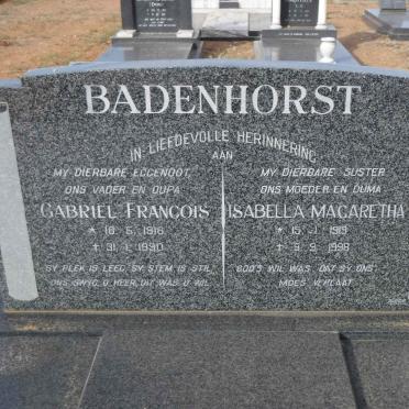 BADENHORST Gabriel Francois 1916-1990 &amp; Isabella Magaretha 1919-1998
