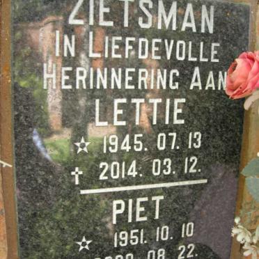 ZIETSMAN Piet 1951-2020 &amp; Lettie 1945-2014